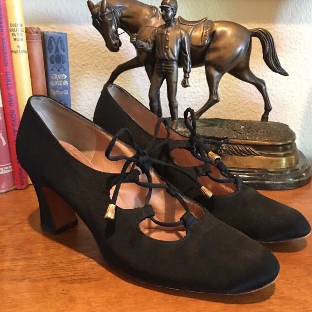 THE BROADWAY Vtg Black Leather Satin Lace-Up Victorian Steampunk Heels 5.5N USA